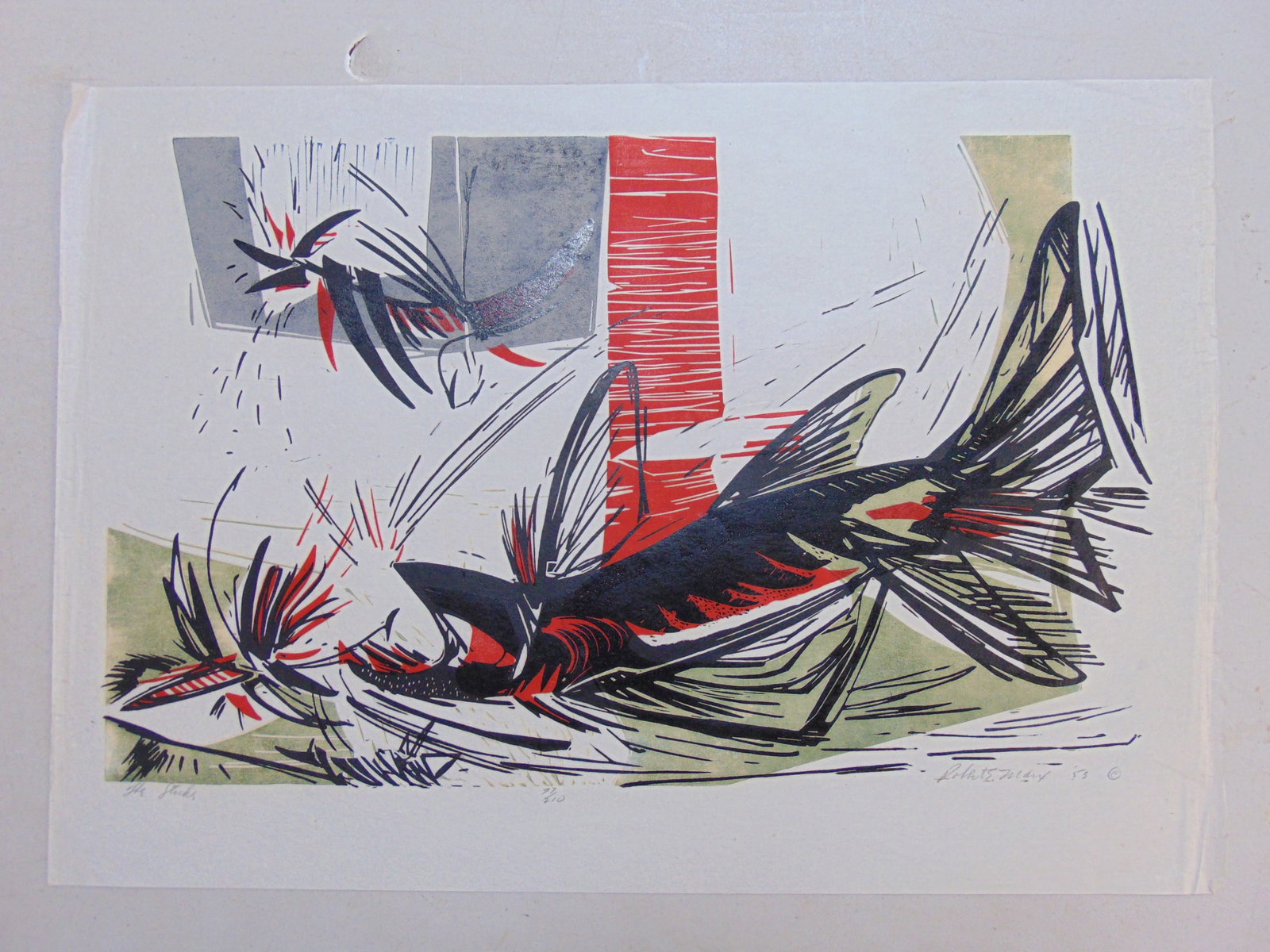 Color linoleum cut print, "The Strike", signed Robert Ernst Marx, 1953, signed in pencil, edition 77 (1 of 6)