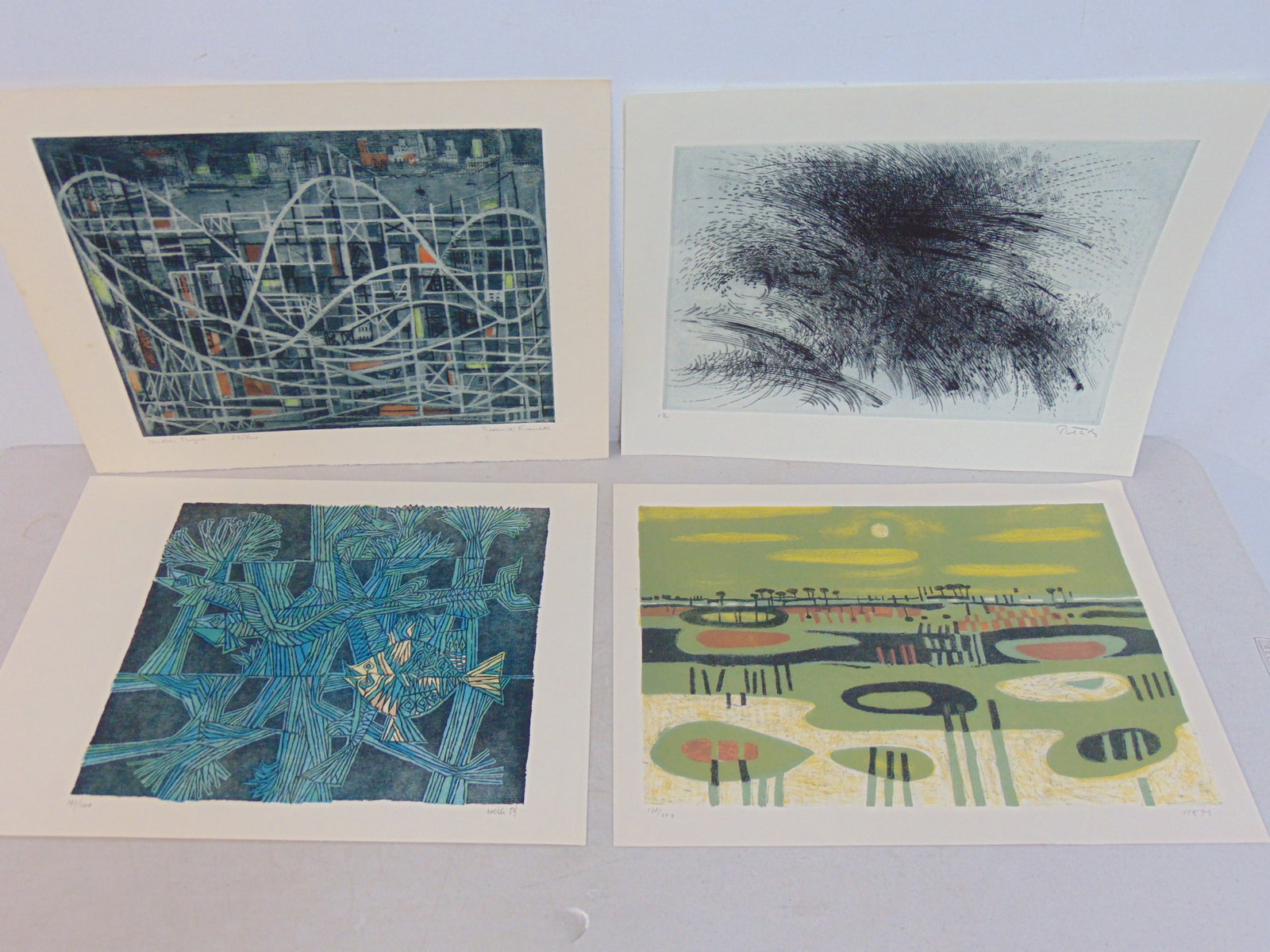 4 mid Century prints, "Hudson Fugue", signed Frederick S. Franck 1953, 23/200, "Camargue Landscape I (1 of 13)