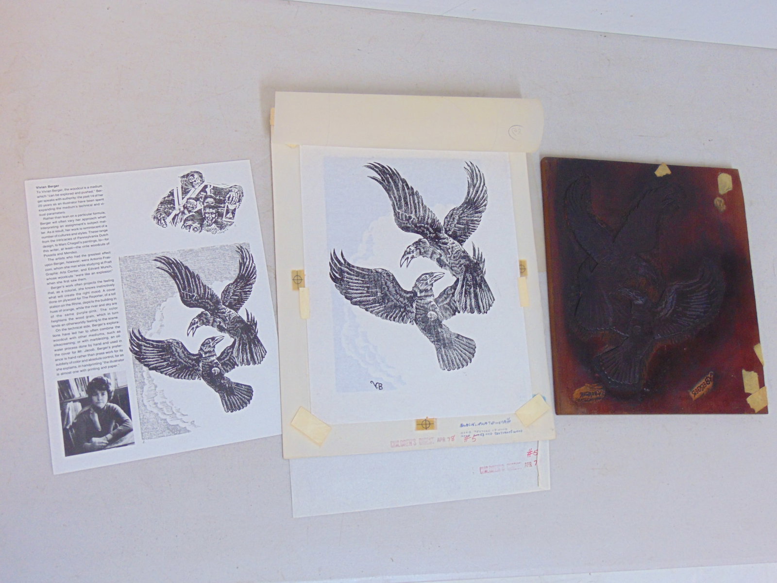 Vivian Berger wood cut, "Two Ravens", comes with the original wood plate, this illustration was made (1 of 7)