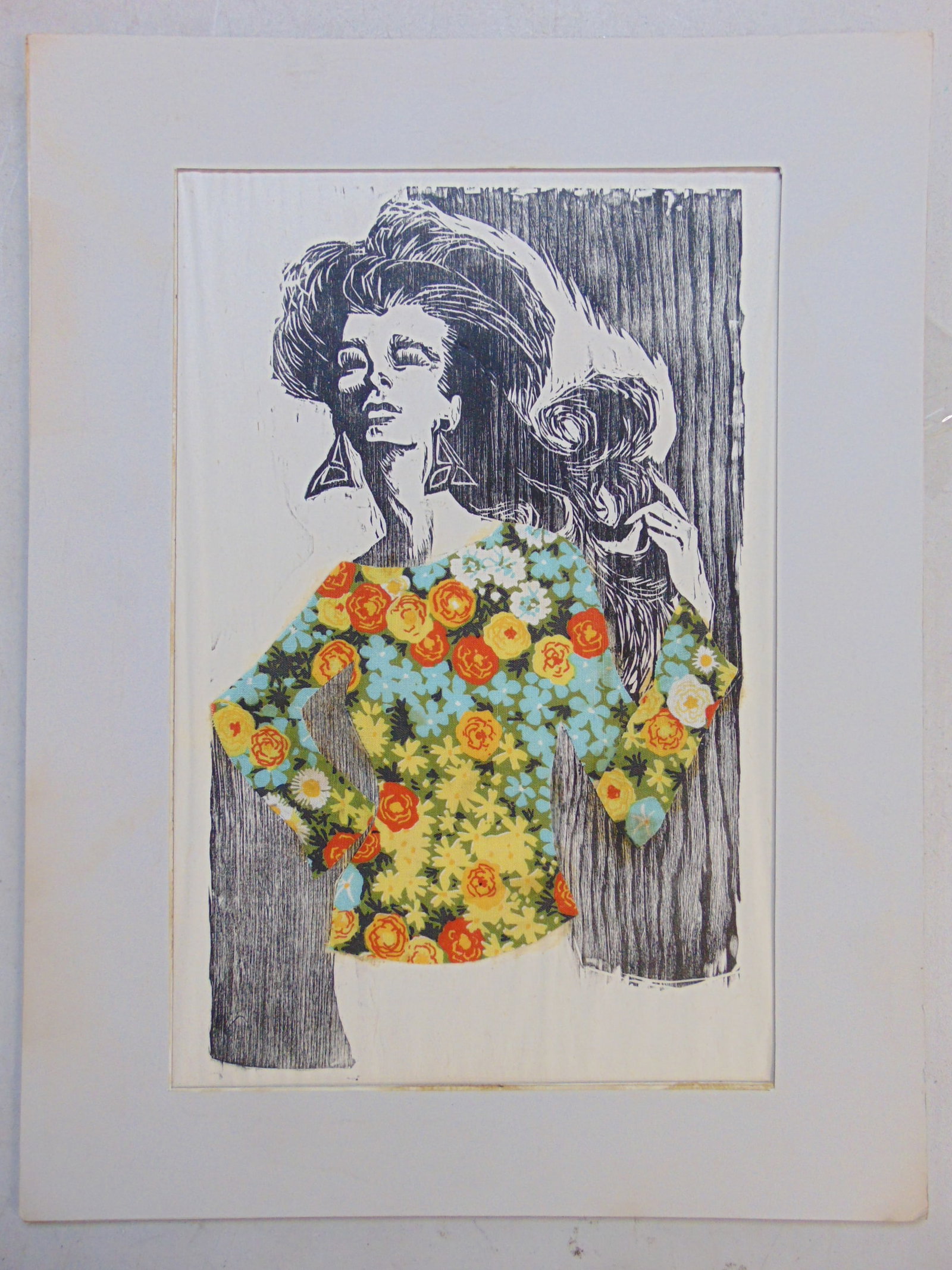 Mixed media, woodcut with applied fabric, Vivian Berger, portrait of a woman with floral decorated d (1 of 4)