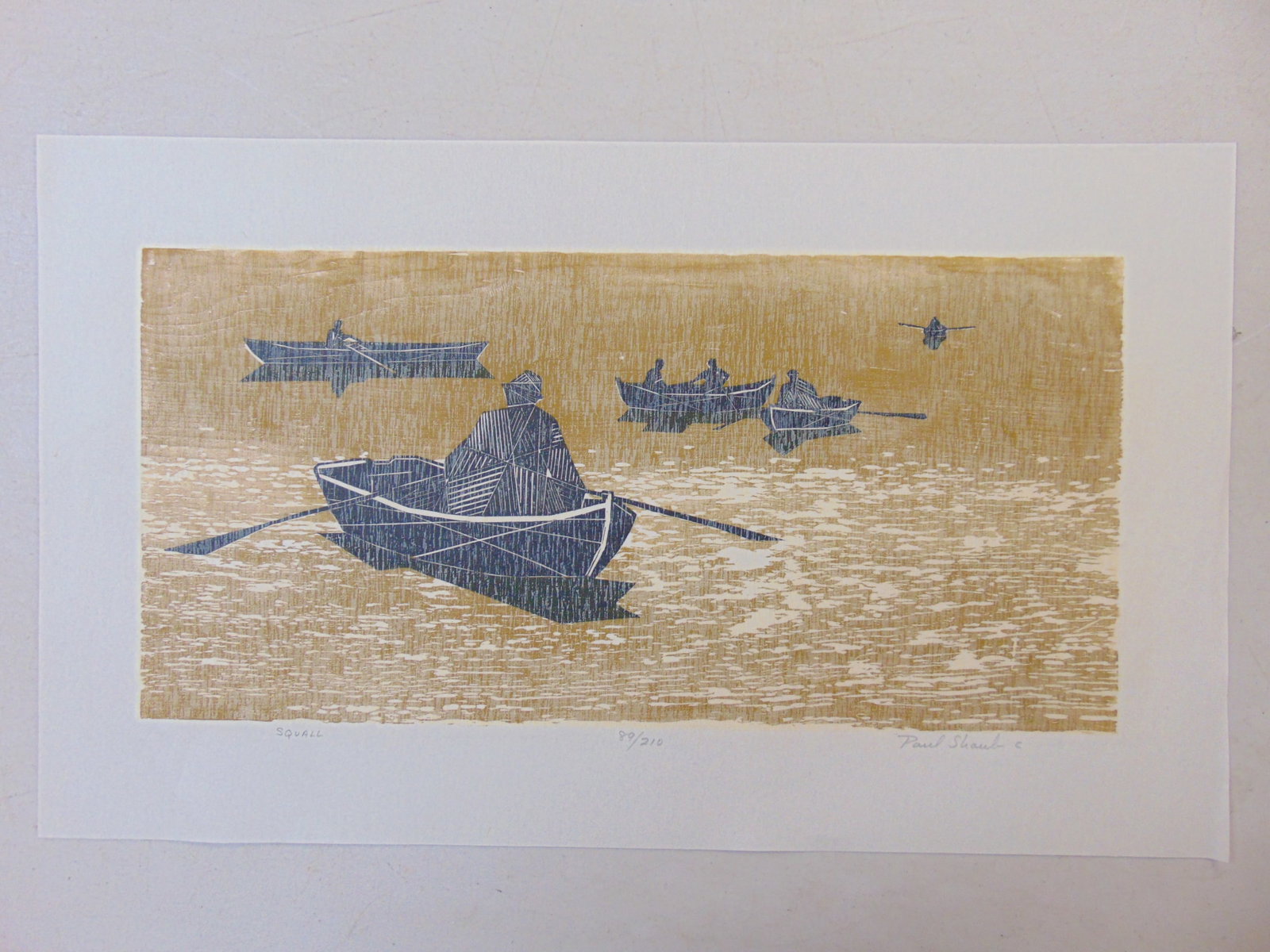 Color woodcut print, "Squall", signed Paul Shaub, edition 89/210, on wove paper, 13.75" by 23": Color woodcut print, "Squall", signed Paul Shaub, edition 89/210, on wove paper, 13.75" by 23"