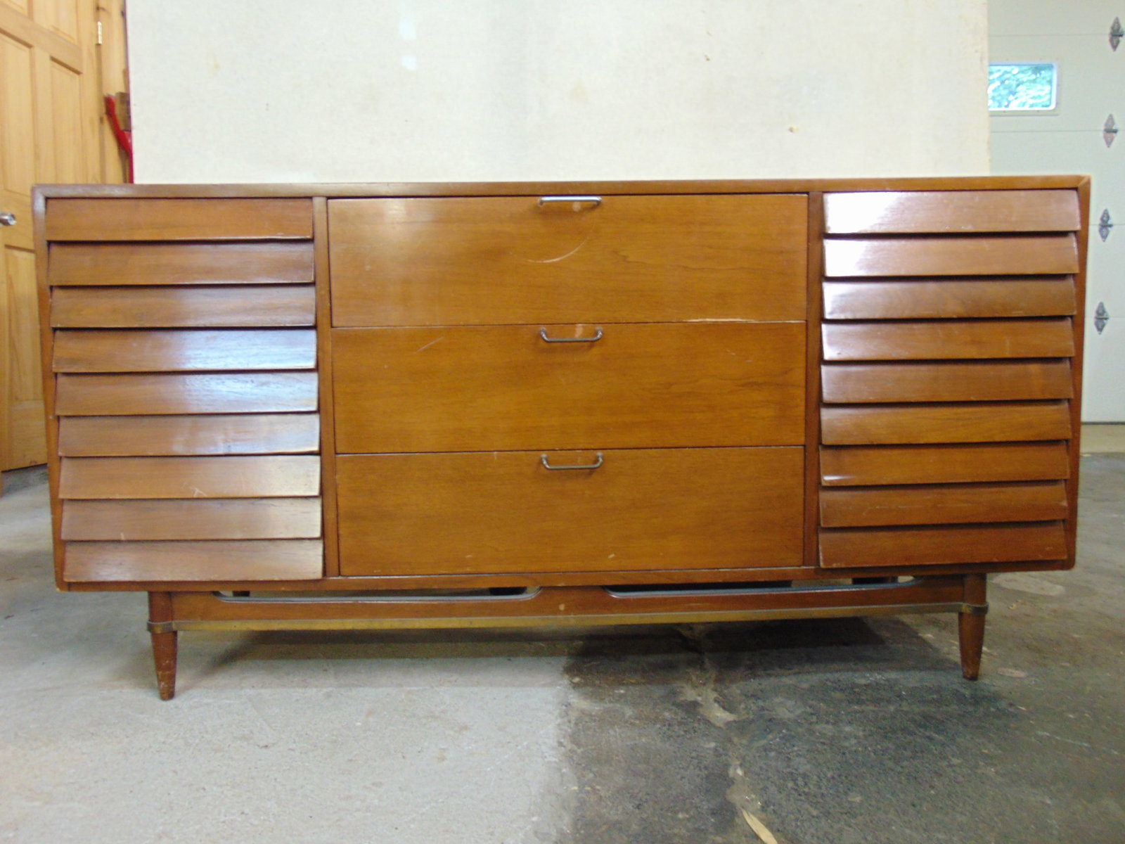 American of Martinsville Dania Mid Century chest, 65" long, height is 32.75", some scratches, some: American of Martinsville Dania Mid Century chest, 65" long, height is 32.75", some scratches, some veneer chips from normal use.