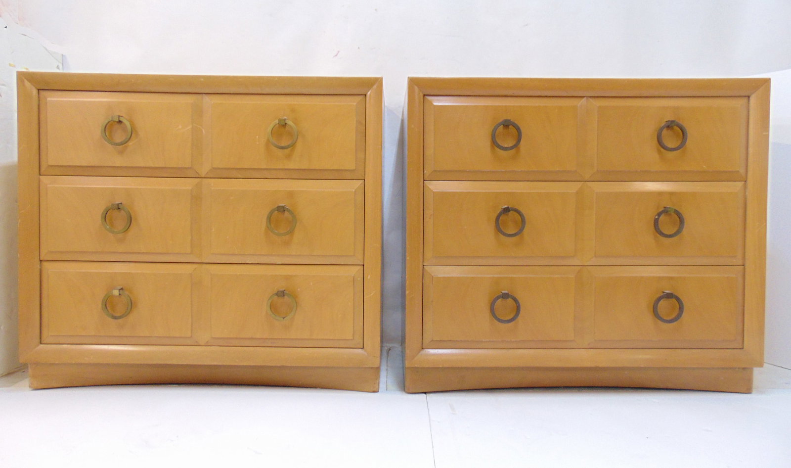 Pair Mid Century chests by Robsjohn-Gibbings for John Stuart, blond walnut chests with beveled: Pair Mid Century chests by Robsjohn-Gibbings for John Stuart, blond walnut chests with beveled drawers and original brass ring pulls, few minor scratches, each chest is 36" wide, 20.25" deep, height i