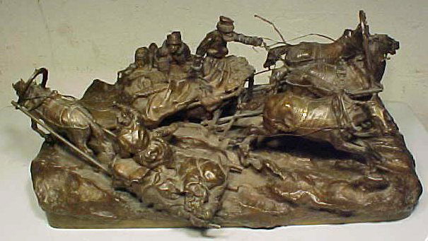 Russian bronze, Vasily Yakovlevich Grachev.: Russian bronze, "Speeding Troika Passing a Peasant Sleigh", signed (in Russian) Vasily Yakovlevich Grachev, Fabr. C. F. Woerffel Foundry mark, in excellent condition, original patina. Note, only 10 im