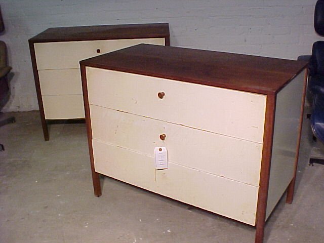Pair Knoll dressers in white paint,: Pair Knoll dressers in white paint, dressers are in as found condition and need to be refinished, one handle is missing.