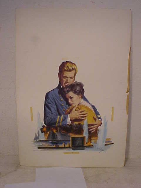 Illustration, sgd. Harry Schaare,: Illustration, "Thunder on the Chesapeake", sgd. Harry Schaare, 29" by 20". Officer holding women, ironclads in foreground, signed lower right. Title written on the back, light smudges in white backgro