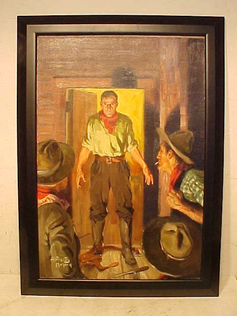 O/C, illustration, disarmed cowboy, sgd. Stockton Mulfo: O/C, illustration, disarmed cowboy, sgd. Stockton Mulford, 28" by 19". Painted on canvas, showing a cowboy in a doorway with weapons on the ground, signed lower left. In good condition.