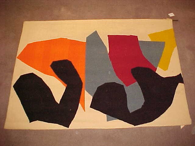 Wool wall hanging, sgd. Robert Goodnough & Gloria Ross: Wool rug, abstract forms, signed Robert Goodnough & Gloria Ross, 60" by 83". Rug is in good condition, crisp colors, there is some wear & small damage to upper right (small tear)where the metal bar us