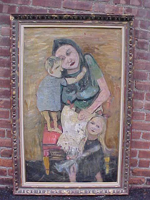 O/C, mother and child, signed Tschacbasov: O/C, mother and child, signed Tschacbasov 1942, 44" by 27", has rip half way up on right side, some flaking.