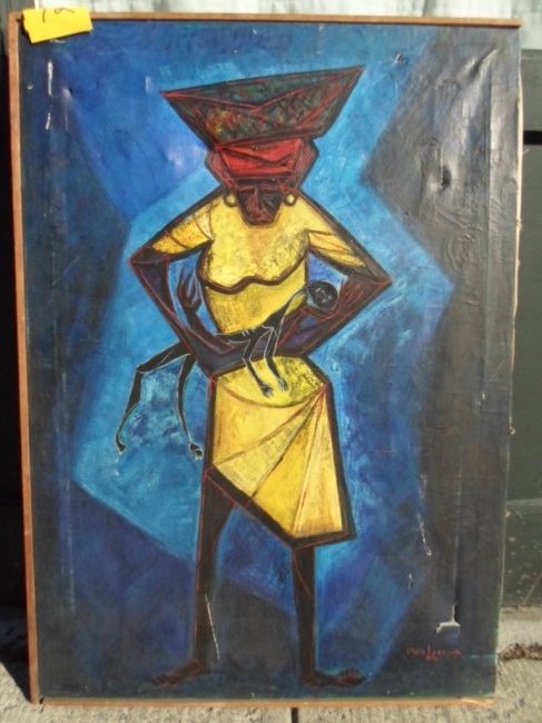 Clara Ledesma(Dominican Republic) Oil, "Maternidad": Clara Ledesma (Dominican Republic) Oil on Canvas, Title: "Maternidad", sgd. Clara Ledesma, Port-au-Prince, Haiti, lower right front corner 34" by 24" Condition: fair, tears to canvas Provenance: Gramm