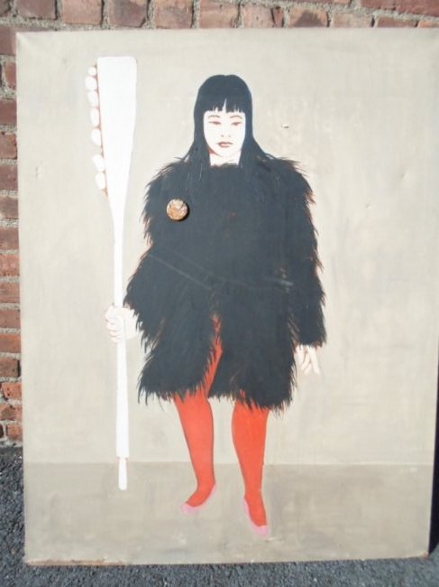 Oil, mixed media, "Love Forever, Kusama", sgd. Reiff: Oil on canvas, "Love Forever, Kusama", sgd. Reiff, 46" by 36", condition: fair, unframed, rip on base and small hole in top and bottom, some surface scratches Provenance: Grammercy Art club collection