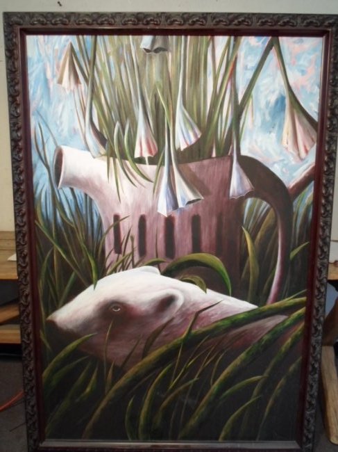 Carlos Rene Aquilera Tamayo (Cuban) O/C: Oil on canvas, sgd. Carlos Rene Aquilera 1996 bottom front left corner, size: 58.5" by 38.5", condition: good Provenance: Grammercy Art club collection NYC New York, Note: All items are sold "as is" a