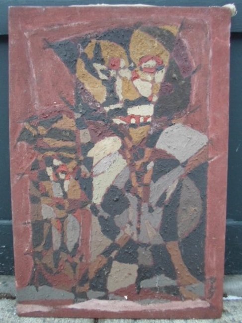 Paul Giudicelli (Dominican Republic) Abstract O/C: Mid Century Abstract Oil on Canvas, "El Gallo Podrido", sgd. Paul Giudicelli, Dimensions: 31.5" by 22" Condition: unframed, some flaking to canvas, Provenance: Grammercy Art club collection NYC New Yo