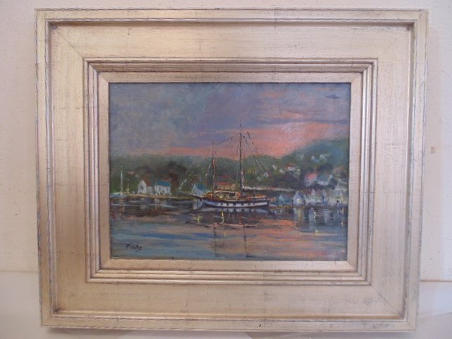 David P. Fouts(New York/Maine) Coastal scene O/C: Oil on canvas, "Red Sky in the Morning"sgd. David P. Fouts, Dimensions: 12" by 16" Condition: Good, comes with letter from the artist. Provenance: Grammercy Art club collection NYC New York, Note: All