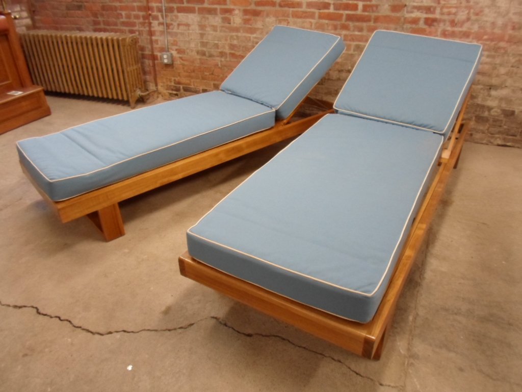 Pr chaise lounges, from the Wolf of Wall St. yacht set: Pair chaise lounges, Westminster w. cushions. Dimensions: 84" long Condition:very good Provenance: Prop/Set Design from The Wolf of Wall Street Academy Award nominated Movie