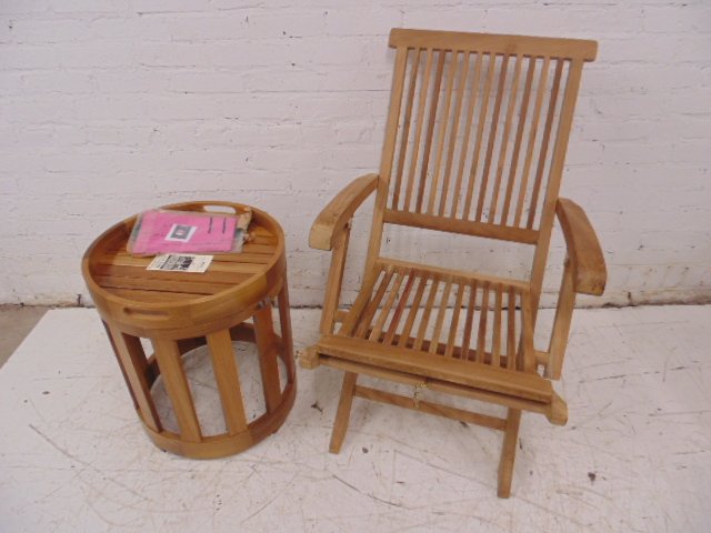 Teak folding chair & table frm Wolf of Wall St set: Outdoor classics teak folding chair with Westminster Katelonia side table Condition: very good Provenance: Prop/Set Design from The Wolf of Wall Street Academy Award nominated movie