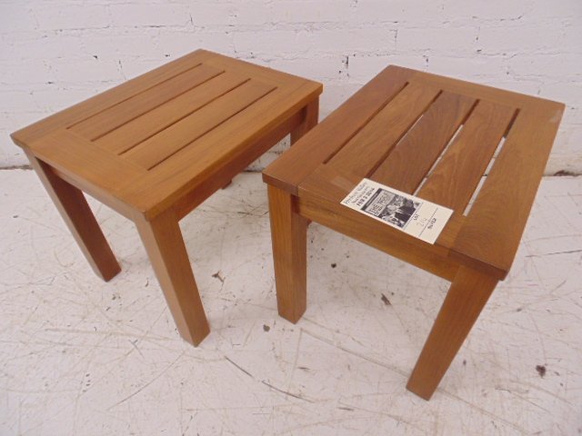 Pr small teak side tables from Wolf of Wall St movie: Pair small teak side tables Condition: good Dimensions: 17" by 15" by 20" Provenance: Prop/Set Design from The Wolf of Wall Street Academy Award nominated movie