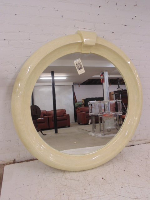 Round bone covered mirror, Wolf of Wall St movie set: Round bone covered mirror Dimensions: 5 feet in diameter Condition: very good Provenance: Prop/Set Design from The Wolf of Wall Street Academy Award nominated Movie