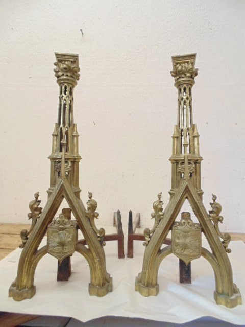 Pair brass gothic andirons: Pair brass gothic andirons Condition: good Dimensions:27" tall