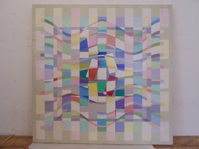 James Meikle Guy(American) Abstract Oil on Masonite: Oil on masonite, abstract, signed / written on back, J. Guy Dimensions: 48" by 48" Condition is good, the piece dirty though and needs a cleaning, the steel brackets on the back show some corrosion. T