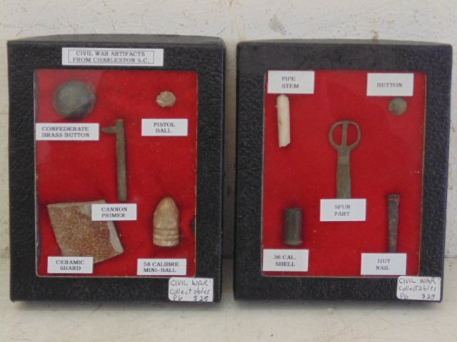 Lot 3 small boxes with civil war artifacts: Lot 3 small boxes with misc. civil war, battlefield found artifacts Box 1: Confederate brass button, Pistol ball, Cannon primer, Ceramic Shard, 58 calibre mini-ball. Box 2: Pipe stem, Button, Spur par