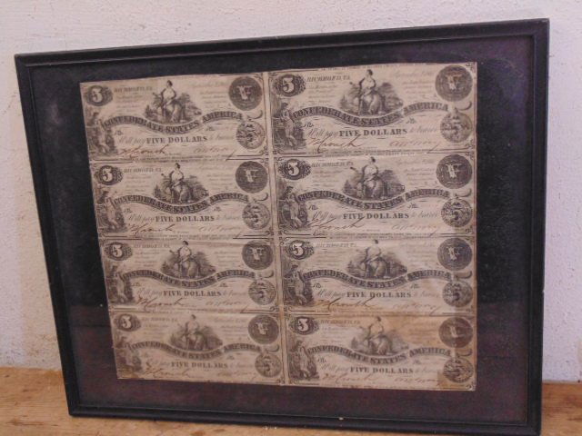 Confederate uncut currency sheet 8 $5 dollar bills: Confederate uncut currency sheet 8 $5 dollar bills, Richmond VA, Sept. 1861 Condition: framed, some wrinkling, and staining.