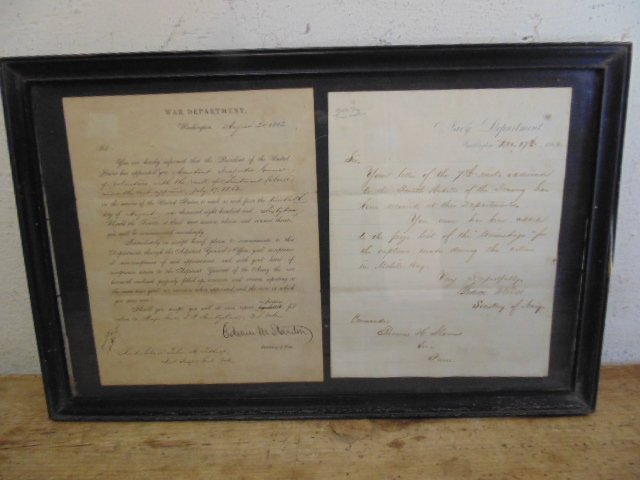 2 framed letters, War Dept 1862, & Navy Dept 1864: 2 framed letters, War department, & Navy Department signed by Edwin Stanton, Gideon Welles & Thomas Sterns Condition: framed, some soiling