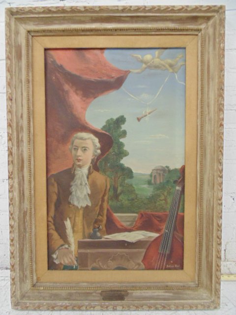 O/C, Mozarts, "The Magic Flute", sgd. Julian Levi: Julian Levi(American) oil on canvas Title: "The Magic Flute" sgd. Julian Levi lower right Dimensions: 35" by 22" Condition: a couple small holes and some flaking Provenance: Grammercy Art club collect