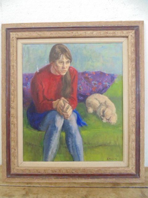O/C, woman with dog, Sgd. Susan Kahn: Susan Kahn oil on canvas, woman with dog Dimensions 26" by 22" Condition: some flaking to upper left side of canvas, Sgd. S. Kahn,71 lower right in a Heydenryk frame