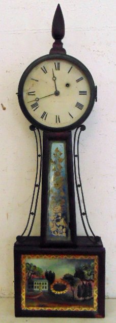 Banjo clock by Joseph Nye Dunning: Banjo clock by Joseph Nye Dunning, reverse painted panels Dimensions: 34" long, 10" wide at base, 8" diameter on top Case has been repaired, corner missing, some cracks in wood