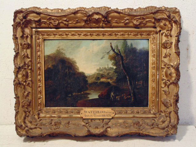 Oil, landscape, att. to Anthonie Waterloo, Dutch school: Oil on cradled panel, figures in Italian landscape, att. to Anthonie Waterloo, Dutch Dimensions 9" by 14"
