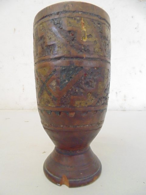 Pre Inca wooden cup: A remarkable wooden cup with remnants of inlay or paint decoration, this cup came from Mr. Edwin Allan Lightner, ex-Envoy and former United States Ambassador to Libya. While serving in Santiago, Chili