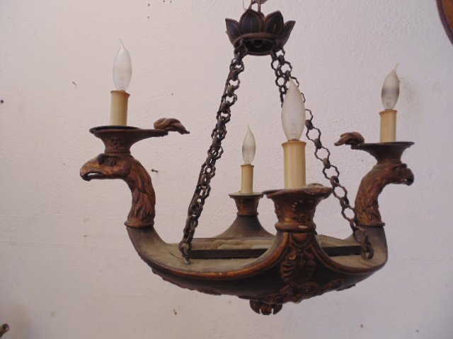 Hanging fixture with eagle, wood & metal: Hanging fixture with eagle, wood & metal, 19th Century Dimensions: 19.5" wide Condition:some minor loss Provenance: from the collection of noted Manhattan Interior decorator & antique dealer James (Ji