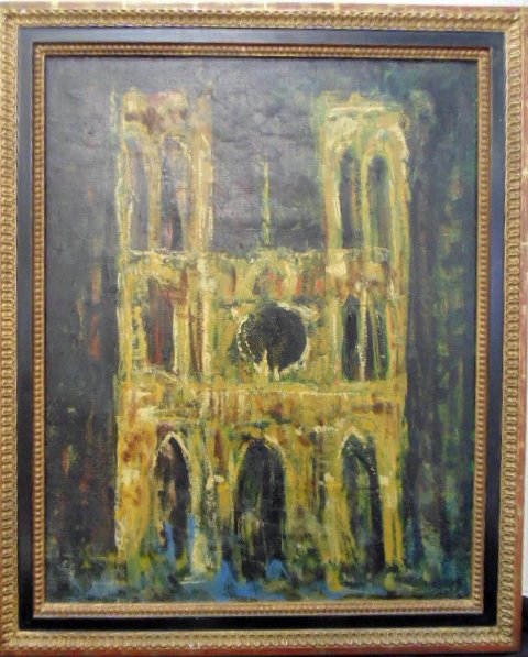 Oil, "Notre Dame", sgd. Myriam Bat-Yosef. From the: Myriam Bat-Yosef (Israeli) oil on canvas "Notre Dame" Dimensions: 29.25" by 23.5" Condition:good condition, signed Bat Jose 1956 lower right, marked on back "Bought by Jimmy Aster Paris 1960" Provenan