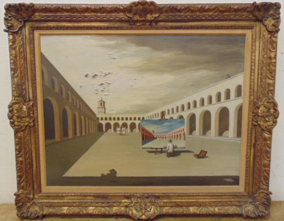 Surreal oil, "the colorist", sgd. Harold Sterner: Surreal oil, "the colorist", Artist Painting this particular painting in a Piazza, signed monogram "H.S", with label on back stating name of artist Harold Sterner & title, 23" by 30", condition is fai