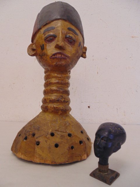 African lot, wood bust & carved stone head: Two pieces of African art, a wood head, bust in original paint, 14" tall, paint worn, has chips, no other marking, comes with a small carved stone head, head is mounted on a metal base, black stone, 2