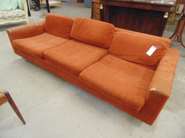 Mid Century sofa by Harvey Probber: Upholstered sofa by Harvey Probber, upholstery original and worn, especially on the arms. Label in center under pillows.