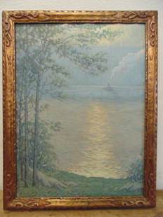 George J. Stengel (America 1872 - 1937)O/C, river scene: George J. Stengel (America 1872 - 1937)Oil on canvas, impressionistic river scene with tug Dimensions: 32" by 24" Condition: good, canvas is loose in the frame, signed lower right Stengel.This item ca