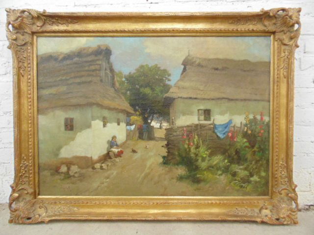 Oil, village scene, signed Laszlo Neogrady: Oil, village scene, signed Laszlo Neogrady, Dimensions: 27.5" by 39.25" Condition:good,signed lower left, paper label on reverse Note: All items are sold "as is" and are subject to posted terms of sal