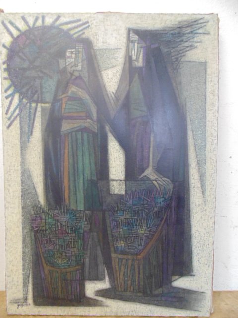 Oil on canvas, 2 figures, signed Jean-Claude Guignebert: Oil on canvas, 2 figures, signed Jean-Claude Guignebert, 45.5" by 32". In original condition, small hole near bottom, (less then 1/4"), unframed. Please note that participation in this Auction held at