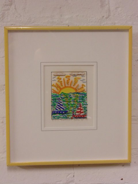 Mixed media, "Sunset Sail", signed James Rizzi: Mixed media, "Sunset Sail", 1984, signed James Rizzi, 5" by 4". In good original condition. Please note that participation in this Auction held at Hudson Valley Auctioneers, whether in person, by phon