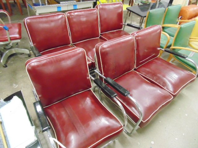 Leather & chrome set, sofa, love seat & armchairs.: Chrome set, sofa, love seat & armchairs. This lot is part of a collection of machine age chrome by makers Royalchrome, Chrometube, Warren MacArthur, Russel Wright, Wolfgang Hoffman, Heywood Wakefield