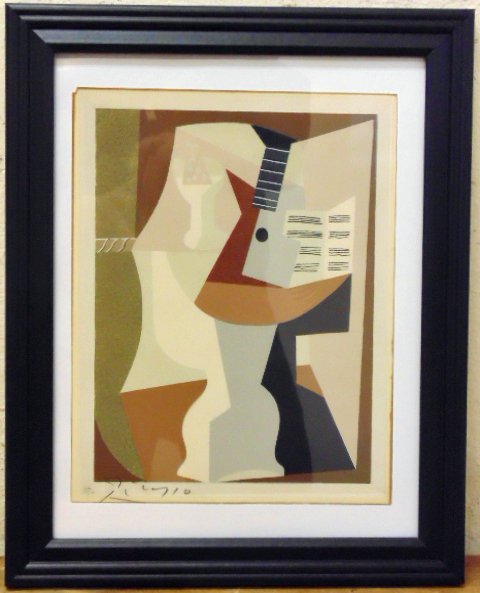 Picasso etching, pencil signed: Pablo Picasso pochoir in color on laid paper, "Guitar and Score on Gueridon, from Dix Pochoirs 1920, handsigned in pencil corner. Image size is 10.5" by 8.3". Note, all property herein offered for sal