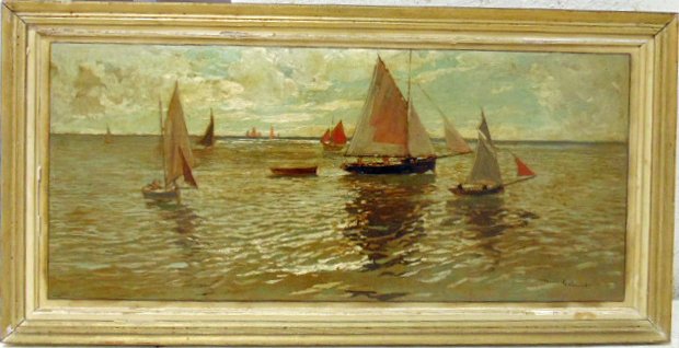 O/B, "Voiles Croisant eu vue des Sables", Marcel: O/B, "Voiles Croisant eu vue des Sables", Marcel Clement, 8.75" by 20.25" untouched estate condition Note, all property herein offered for sale is strictly "as is", and it is the bidder's responsibili