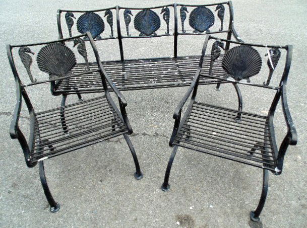 3 piece alloy bench & chairs, sea horses & sea shells: 3 piece alloy bench & chairs, decorated with sea horses & sea shells painted black good condition bench 56.25" wide, chairs 21" wide 31" tall Note, all property herein offered for sale is strictly "as