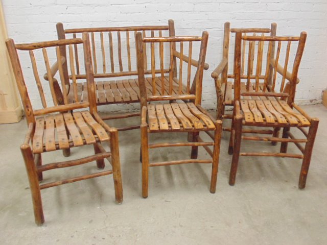 5 piece Old Hickory set, loveseat, armchair & 3 side: 5 piece Old Hickory set, loveseat, armchair & 3 side chairs clean and nice Note, all property herein offered for sale is strictly "as is", and it is the bidder's responsibility, whether bidding in per