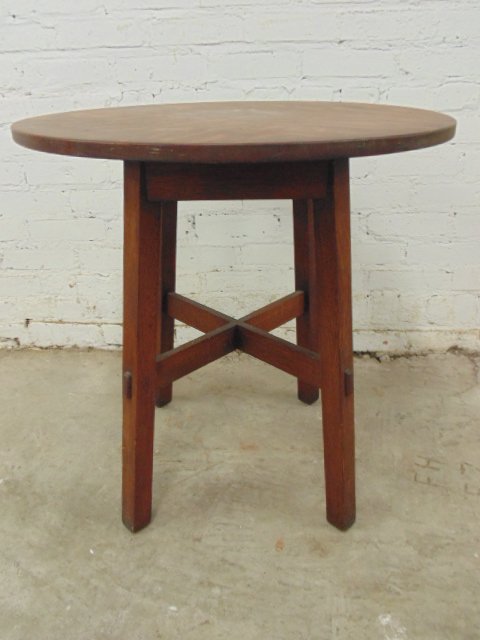 Mission oak round top stand by Stickley Brothers: Mission oak round top stand by Stickley Brothers, 26" tall, diam. is 25". Old label on base. Note, all property herein offered for sale is strictly "as is", and it is the bidder's responsibility, whet