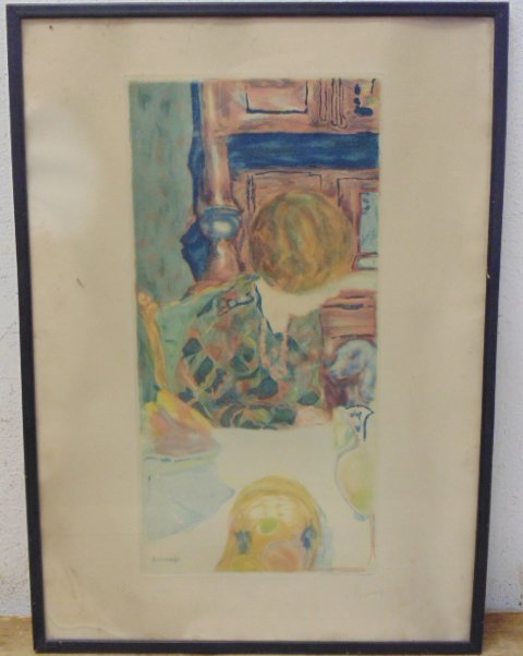 Litho, 175/900, figure by table, Pierre Bonnard: Litho, 175/900, figure by table, Pierre Bonnard, 1924 Paris, 24.5" by 17.25", plate is 19.75" by 9 1/8", small water stain lower left. Note, all property herein offered for sale is strictly "as is", a