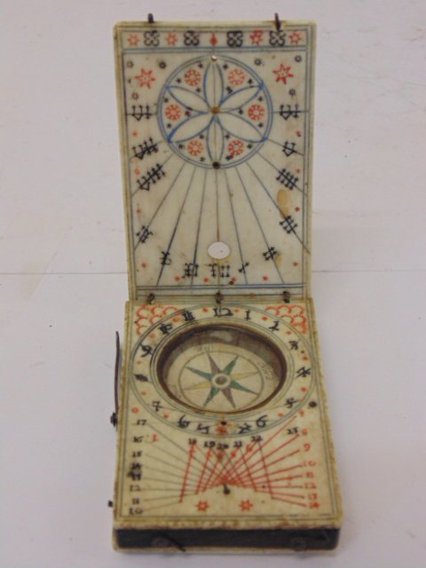 German tablet sundial, 18th Century: German tablet sundial, 18th Century, cracked rear panel, in good conditionion considering the age of this item, small slot in side is empty, whatever was there is missing, 3 1/8" by 2". Note, all prop