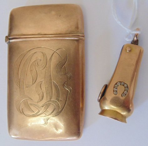 Gold match safe & cigar cutter, 20 pennyweight: Gold match safe & cigar cutter, 20 pennyweight. Note, all property herein offered for sale is strictly "as is", and it is the bidder's responsibility, whether bidding in person, by mail, by e-mail or 
